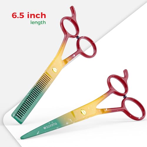Suvorna 6.5" Professional Hair Scissors Set with Thinning Shears for Hair Dressers, Barbers and Professionals - Sharp Hair Cutting Scissors Set for Thinning, Layering and Cutting (Red Yellow & Green)