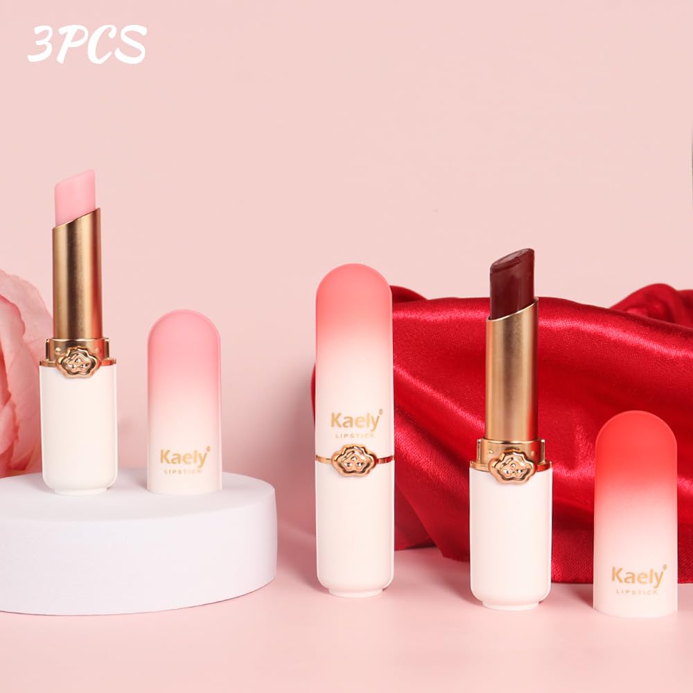 evpct 3Pcs Magic Color Changing Lipstick Long Lasting Waterproof 24 Hours Original for Women, Peach Strawberry Black Red Cherry Pink PH Mood Permanent Color Changing Lipstick Lip Balm, labial magico