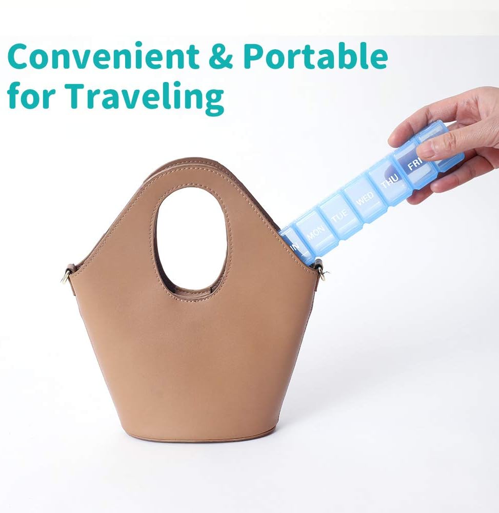 2 Packs Small Weekly Pill Organizer,Pocket Daily Pill Case Pill Box for Pills/Vitamin/Fish Oil/Supplements (Blue)