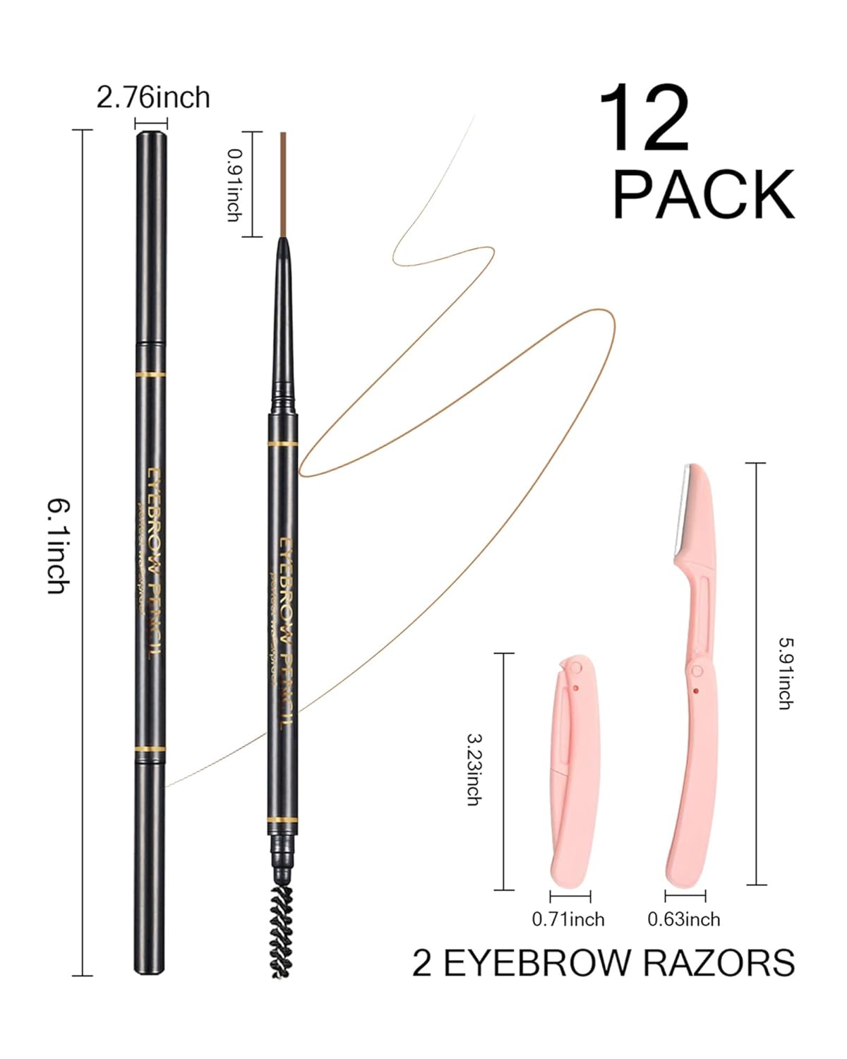 Light Brown Eyebrow Pencils for Women, 12Pcs Ultra Slim Eyebrow Pencil with 2 Brow Razors Kit, Double Head 1.5mm Micro-Fine Tip & Spiral Brush, Can Draw Fine and Long-Lasting Brows Makeup