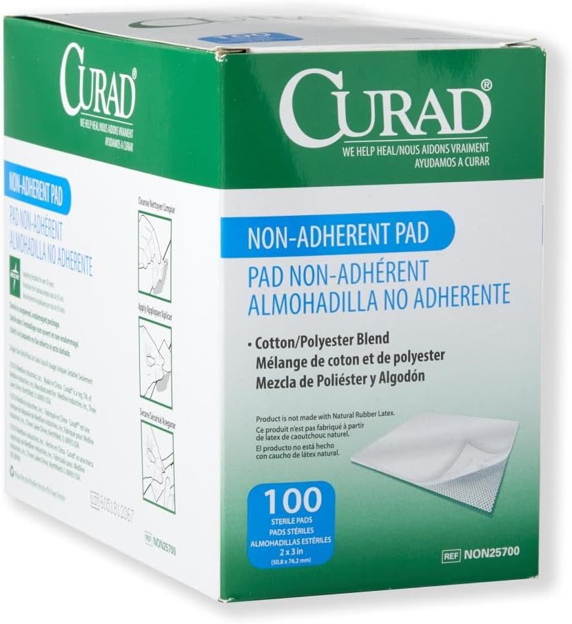 Curad Sterile Nonadherent Pad, Soft, Perforated, Absorbent, Cotton/Polyester, 2" x 3", Sterile, 100 pads