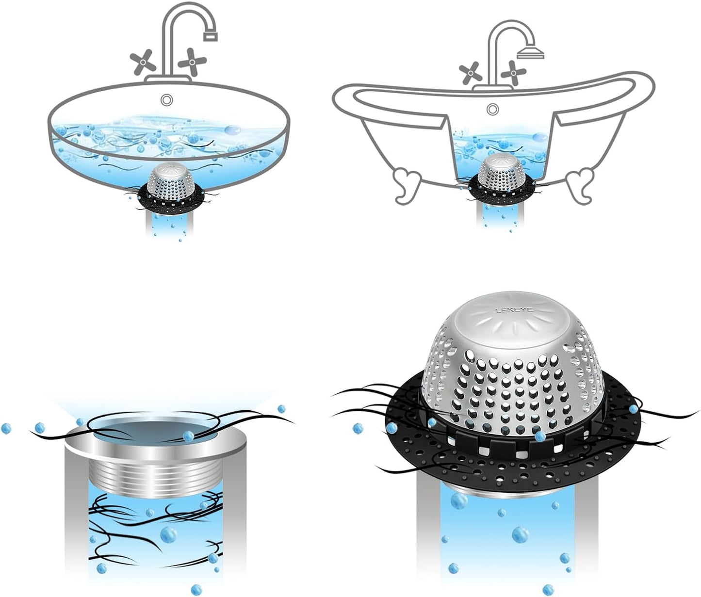 LEKEYE Shower Drain Hair Catcher/Bathtub Drain Cover/Drain Protector for Pop-Up & Regular Drains(Black)