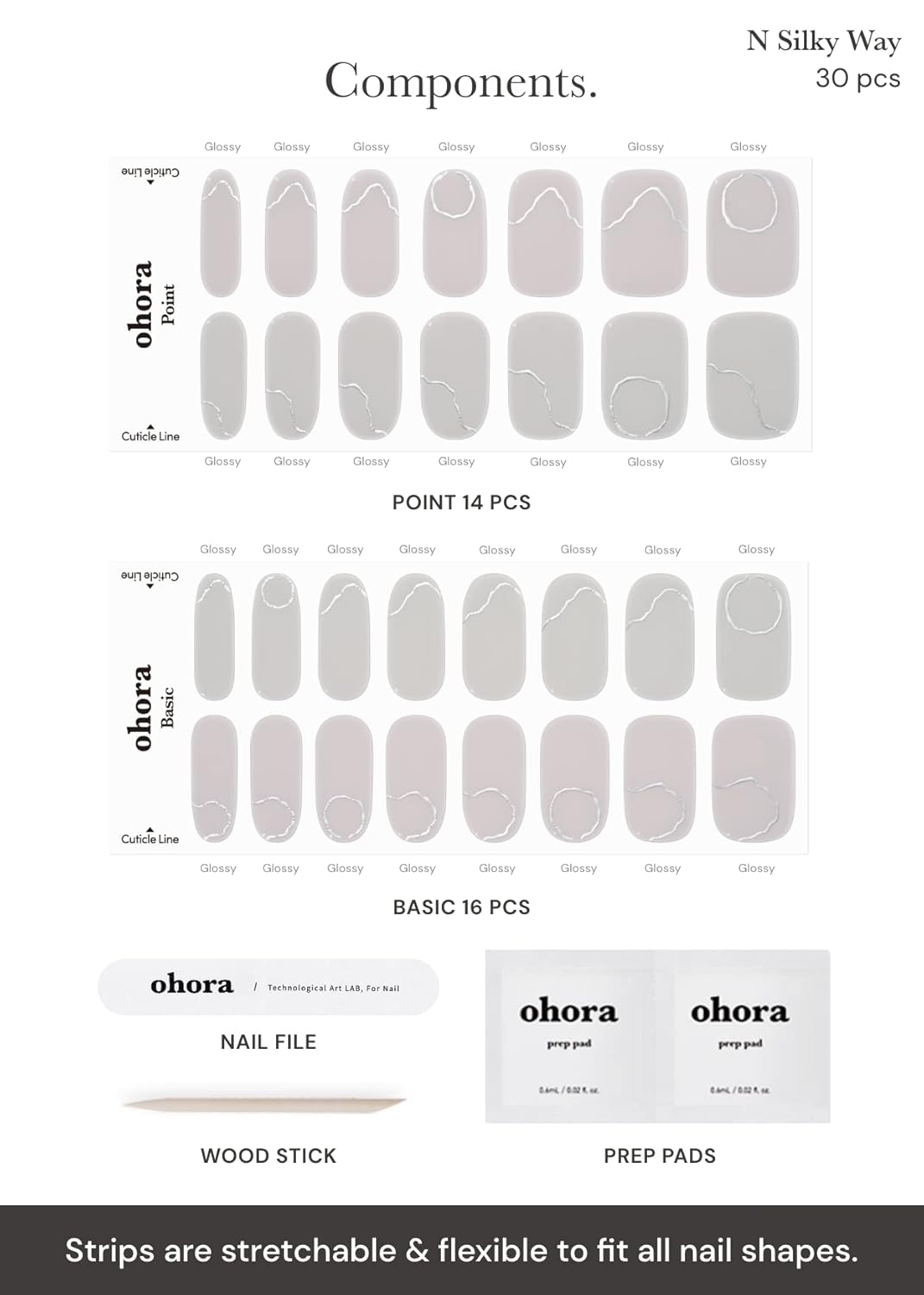 ohora Semi Cured Gel Nail Strips (N Silky Way) - Nude, Metallic, Works with Any UV/LED Lamps, Salon-Quality, Long Lasting, Easy to Apply & Remove - Includes 2 Prep Pads, Nail File & Wooden Stick