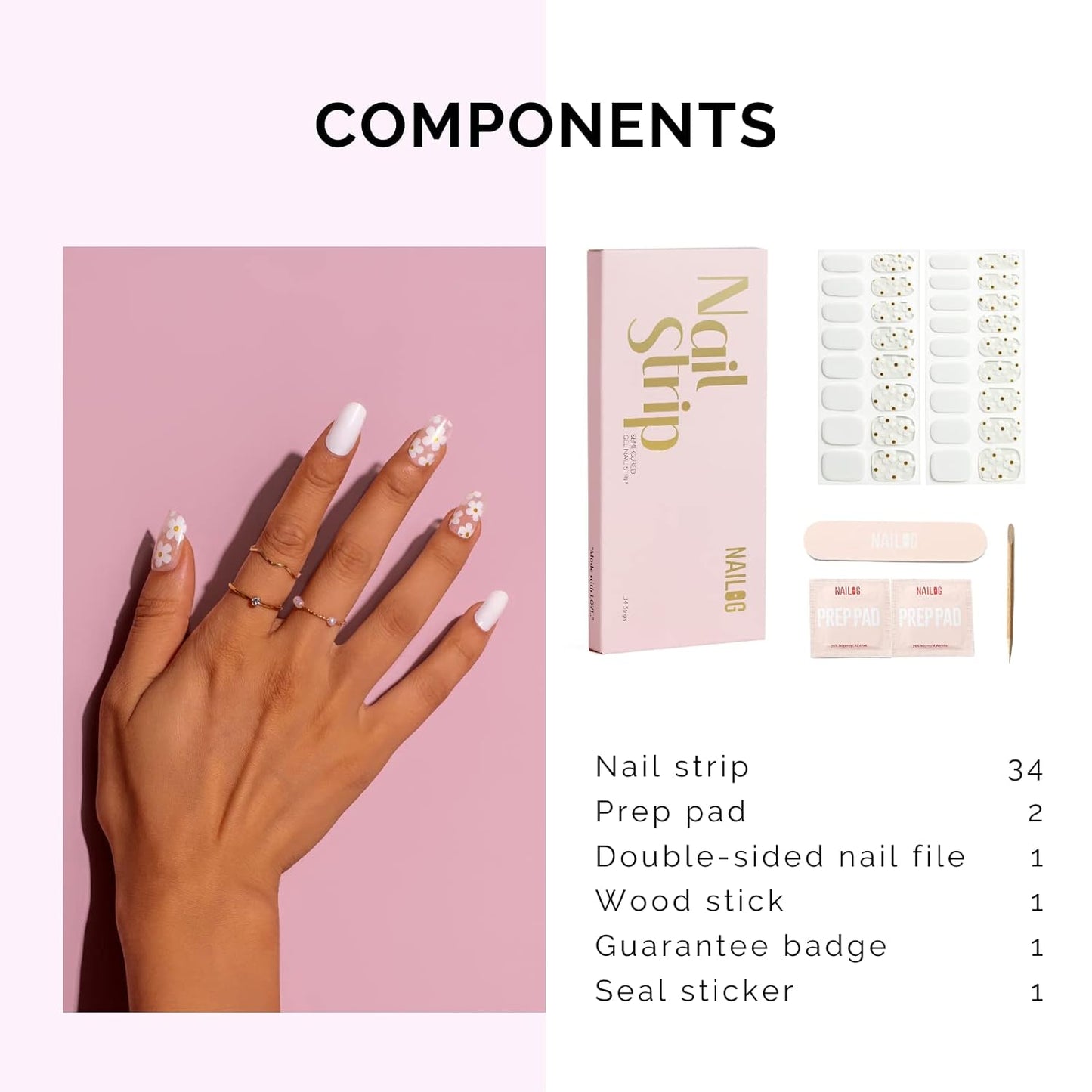Nailog Semi Cured Gel Nail Strips 34 pcs | Long Lasting Nail Polish Sticker Wraps with Glossy Gel Finish | White Petals