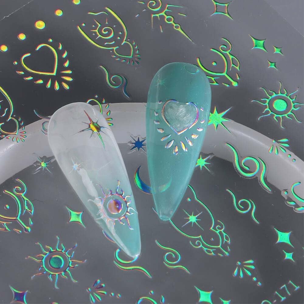 12 Sheets Metallic Nail Art Stickers - Sun Star, Moon Rose & More - 3D Self-Adhesive, Shiny Laser Gold & Silver - Holographic, Glitter for Women's Nail Manicure Decorations