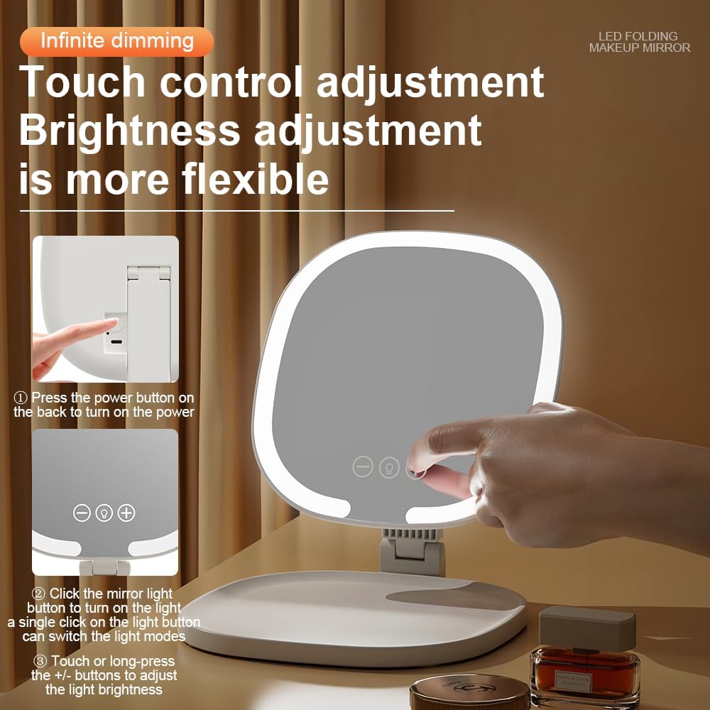 Rechargeable LED Travel Makeup Mirror, 3-Color Lighting, Dimmable Touch Screen, Multi Angle Adjustable, Foldable and Portable Desktop Vanity Mirror with Storage Tray(White)