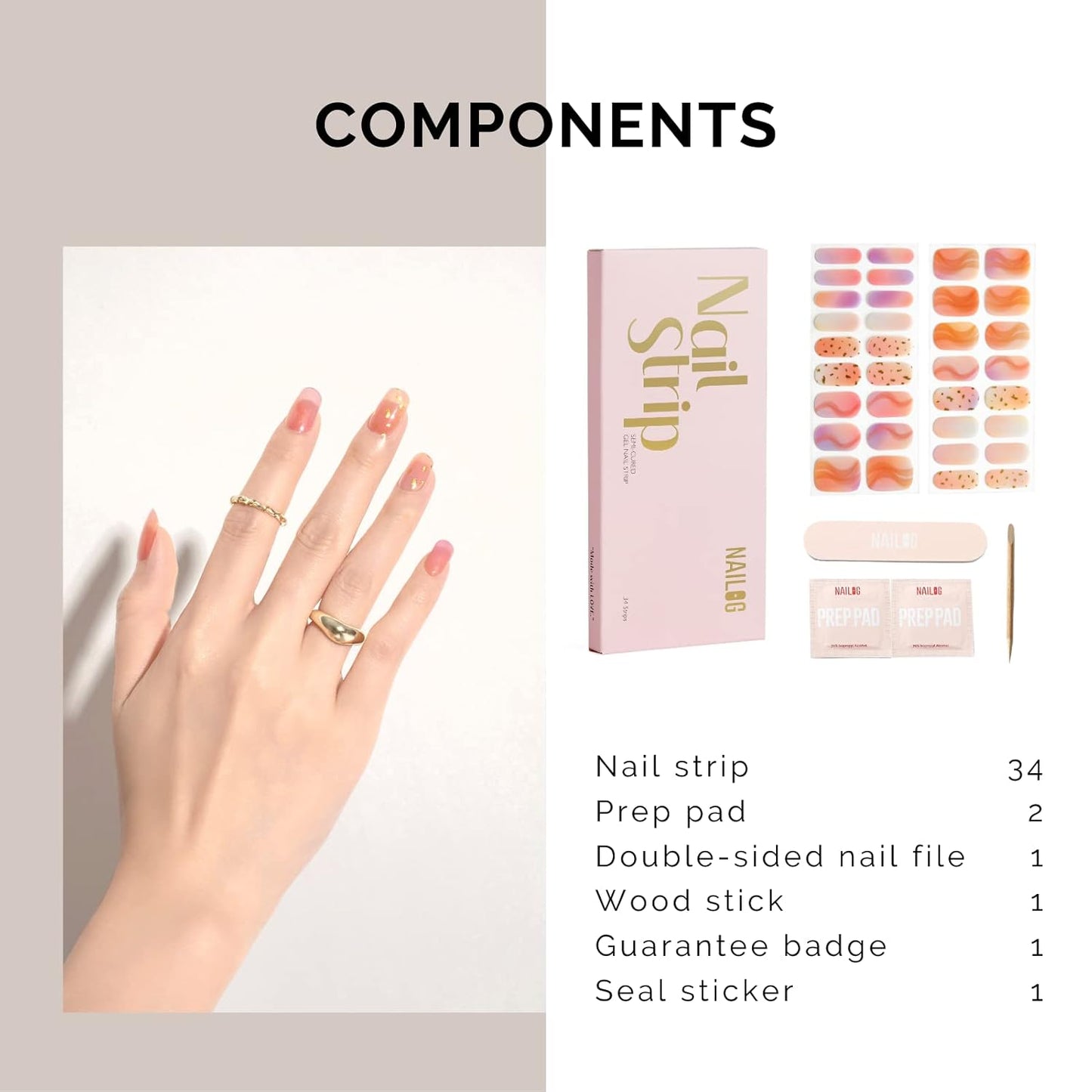 Nailog Semi Cured Gel Nail Strips 34 pcs | Long Lasting Nail Polish Sticker Wraps with Glossy Gel Finish | Twilight