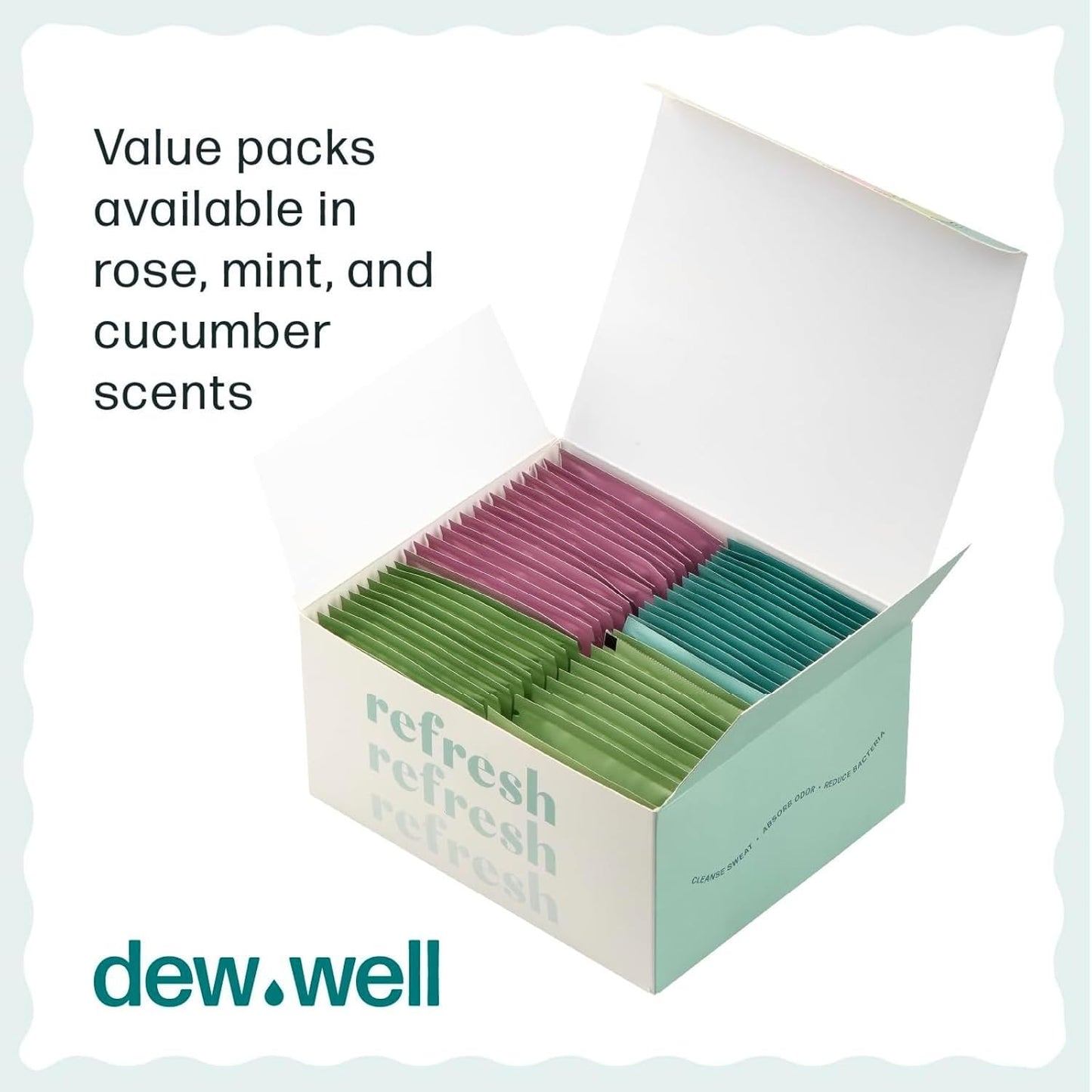 Dew Well Refreshing Deodorant Wipes - A Fresh Start When You’re On the Go - Aluminum, Paraben, and Sulfate Free - Variety Pack (Mint, Rose, and Cucumber) - 50 Individually Wrapped Wipes