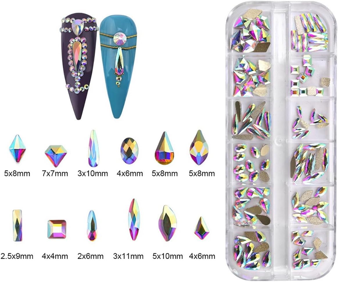 120pcs Flatback Rhinestones Glass Charms Diamantes Gems Stones for Nail Art Box Multi Shapes Crystal AB