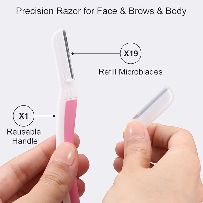 Face Razors for Women, Reusable Handle with 19 Microblades, Dermaplane Razor for Women Face, Eyebrow & Facial Razors, Peach Fuzz Remover, Gentle Exfoliating, for Sensitive Skin (Pearl Blush)