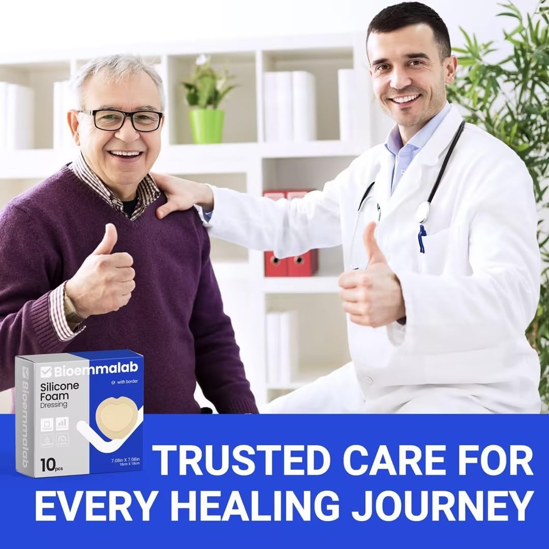 Large Waterproof Bandages Wound Care 7"x 7" Silicone Foam Dressings Sensitive Skin,10 PCS, Adhesive Bordered Pads for Bed Sore Pressure Relief Sacral Buttocks, Showering, Sterile Sacrum Care