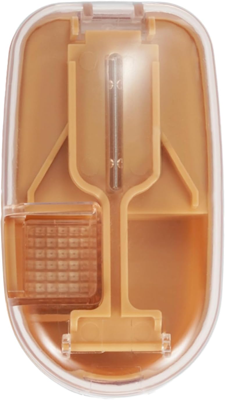 Pill Cutter Splitter for Small and Tiny Pills, or Large Pills. V-Shaped Design for Multiple Sizes. Safety Blade Guard. Loss-Proof Built-in Small Brush & Sliding Door Pill Storage (Khaki)