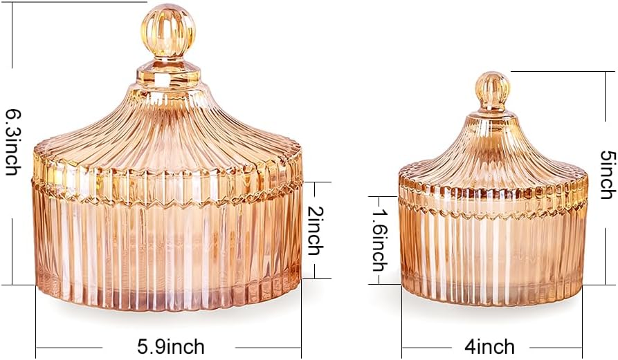 R FLORY 2 Pack Qtip Holder Apothecary Jars with Lids Glass Q Tip Holder for Bathroom Set Decorative Jars Crystal Bowl Jar Organizer for Cotton Swabs, Balls, Pads, Floss Picks (Amber,10+24oz)