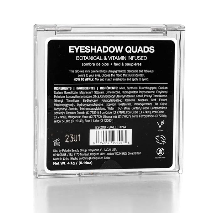 Palladio Eyeshadow Quads, Velvety Pigmented Blendable Matte, Metallic and Shimmer Finishes, Creamy Formula, Four Way Quad Eye Shadow Palette, Talc-Free (Ballerina)
