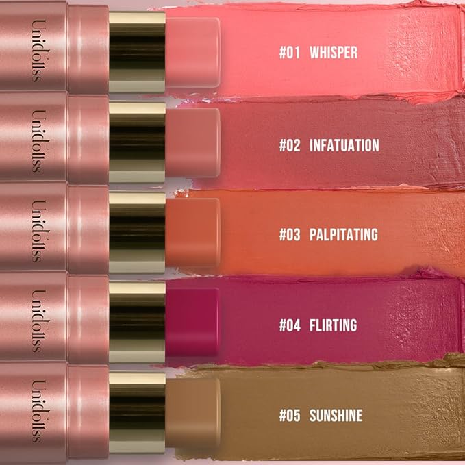 Multi-Use Makeup Cream Blush Stick, Unidollss 3-in-1 Buildable Powder Blush Stick for Cheeks, Eyes, and Lips, Hydrating formula, All day wear, Easy Application with Thumb Puff Included (04 FLIRT)