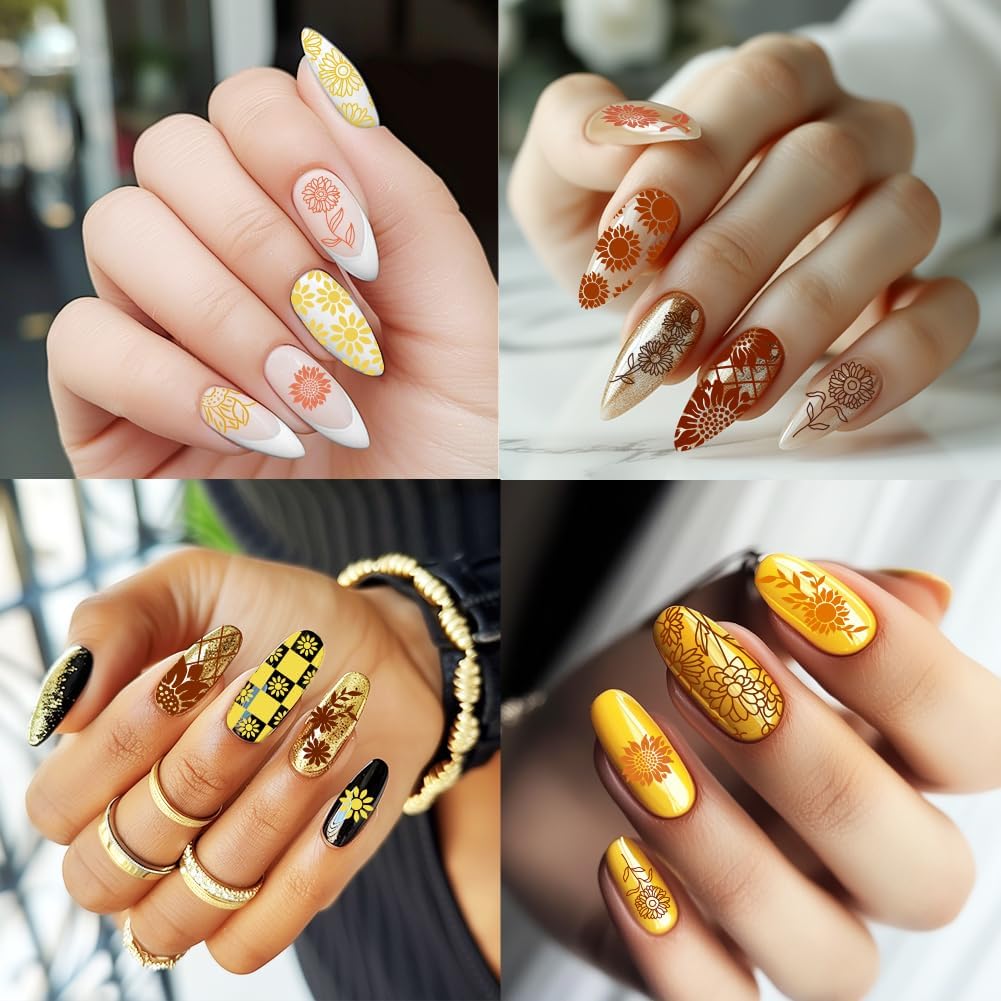 3Pcs Nail Stamping Plate Set Sunflower Nail Stamping Templates French Line Tip Nail Plates Floral Leaves Stainless Steel DIY Reusable Tools with Stamper Scraper for Manicure Printing