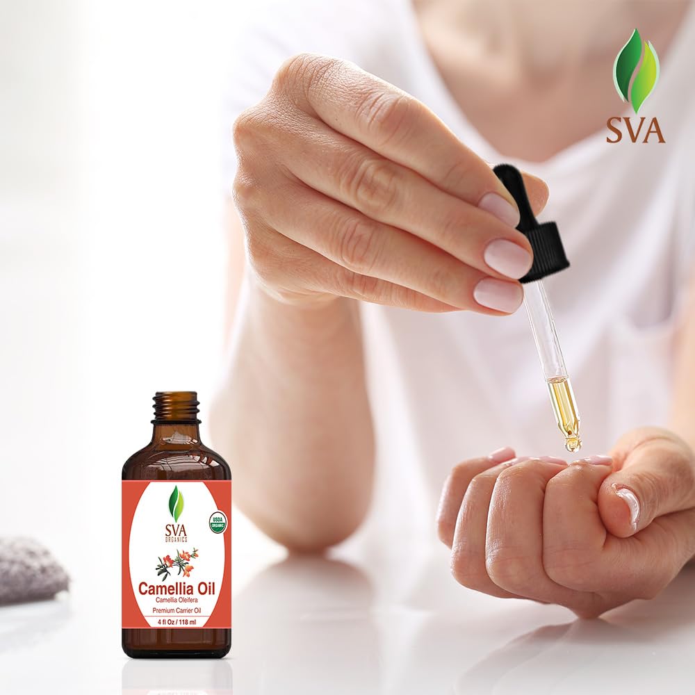 SVA Camellia Seed Oil Organic - 4 Fl Oz – 100% Natural Cold Pressed Organic Camellia Oil - for Face, Skin Care, Hair Care, Scalp Massage & Body Massage – Carrier Oil with Dropper