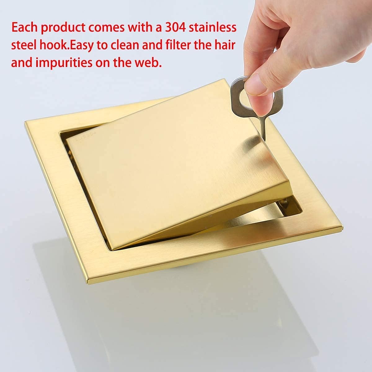 RANDOM Brushed Gold Shower Drain Square with Adjustable Base Flange,SUS304 Stainless Steel 6 inch Floor Drain Kit with Tile Insert Flat Shower Drain Cover & Threaded Adapter.98728BG-S