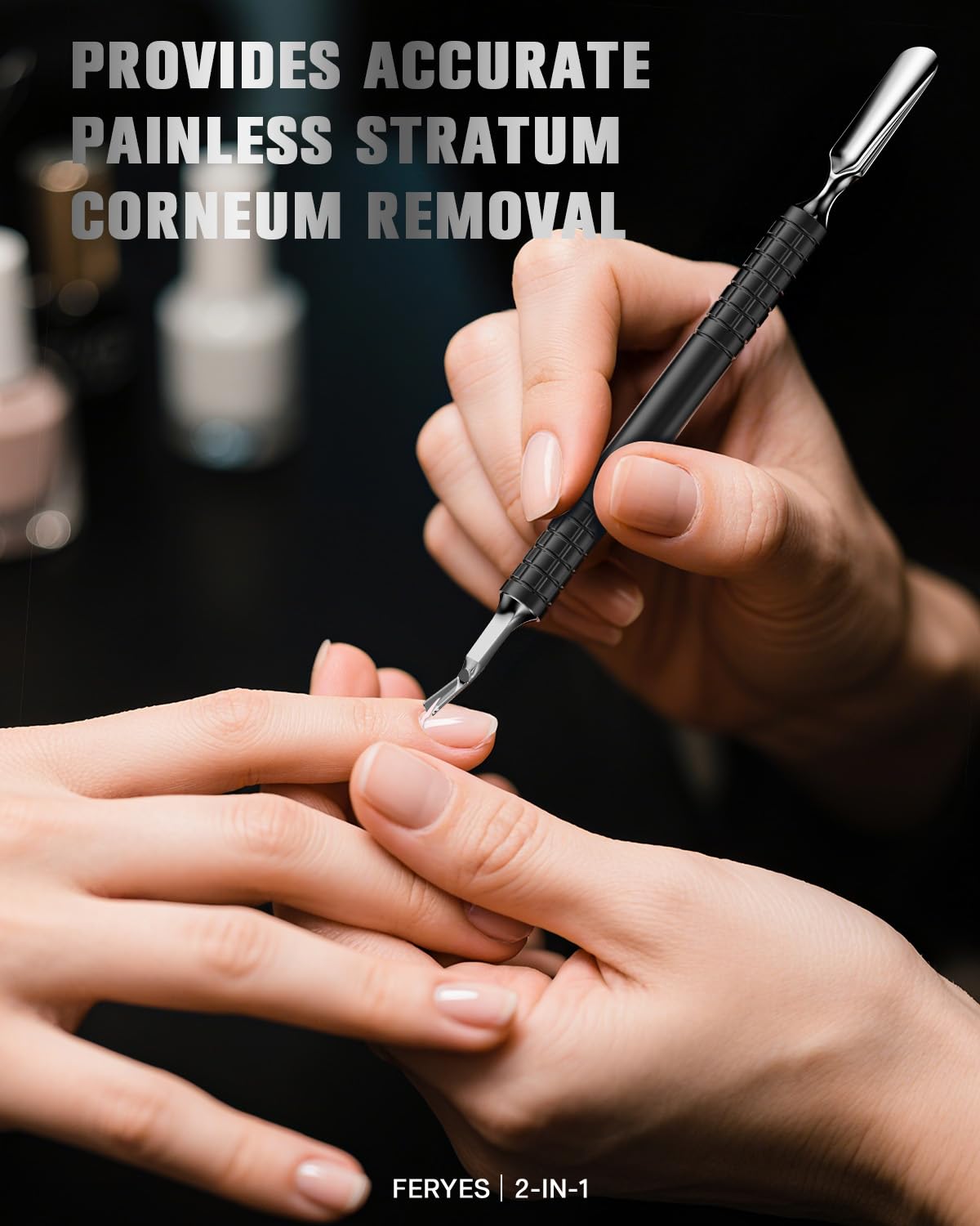 FERYES Cuticle Pusher with Fork, 2-in-1 Cuticle Remover Tool, Upgraded Stainless Steel Cuticle Trimmer Nail Care Tool for Manicures- Black(5.8 Inches)