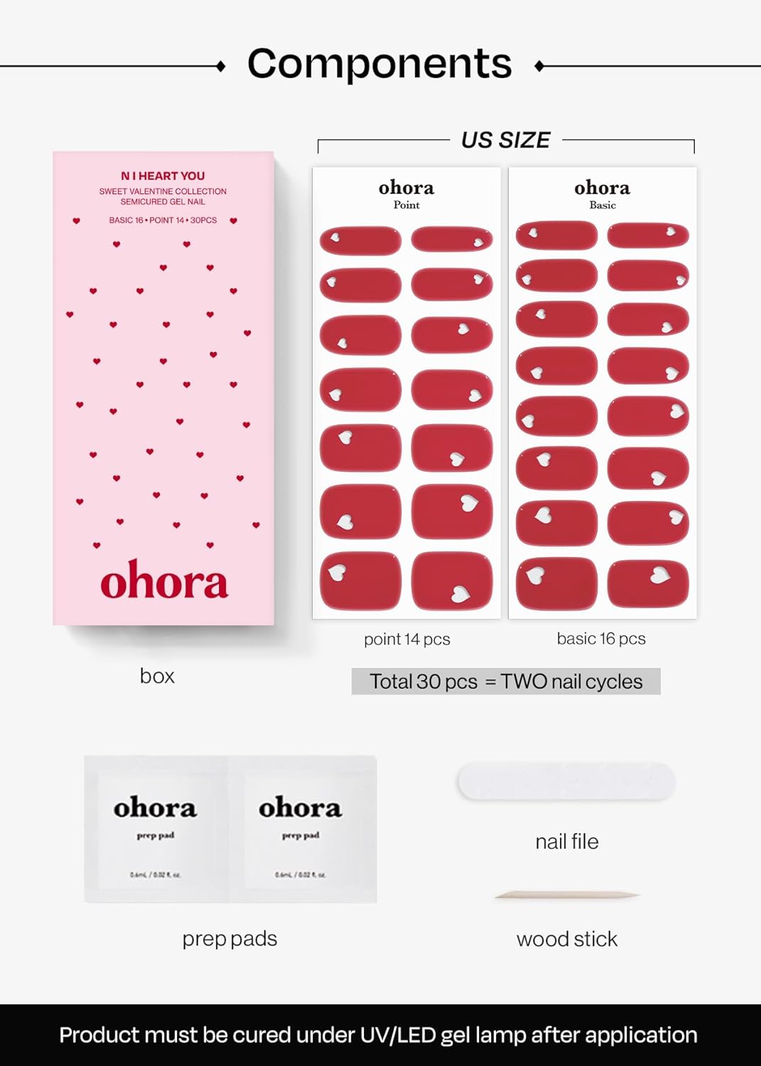 ohora Semi Cured Gel Nail Strips (N I Heart You) - Red, Solid, Works with Any UV/LED Lamps, Salon-Quality, Long Lasting, Easy to Apply & Remove - Includes 2 Prep Pads, Nail File & Wooden Stick