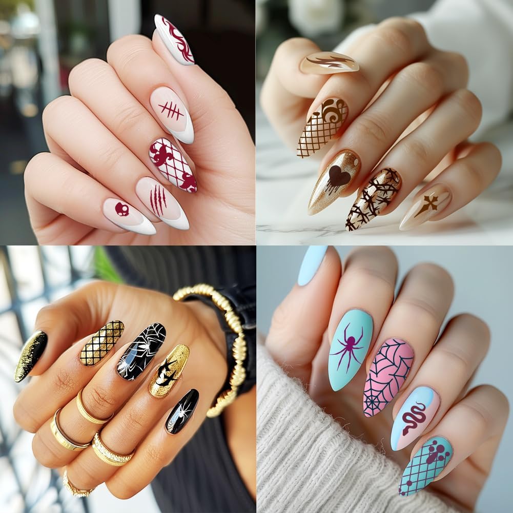 3Pcs Bone Skull Nail Stamping Plate Set Halloween Skeleton Gothic Nail Stamp Templates Cobweb Bat Thorns Metal Reusable Tools with Stamper Scraper for Manicure Printing