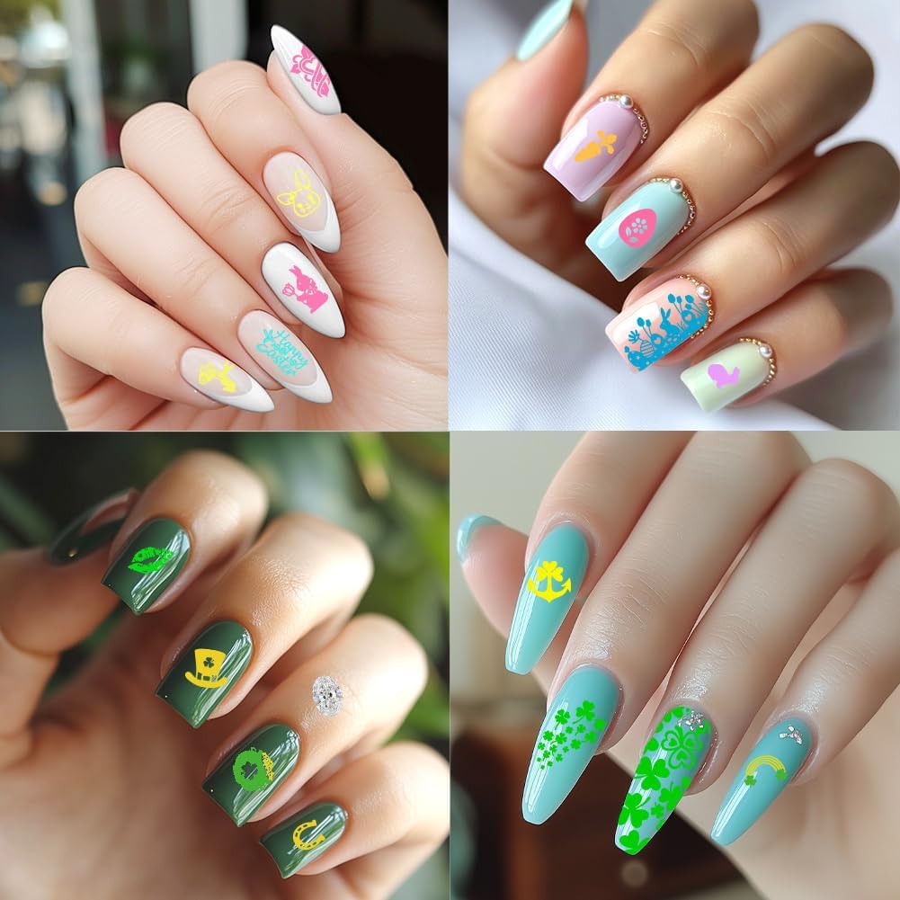 3Pcs Holiday Nail Stamping Plate Seasonal Nail Stamp Templates Nail Art Stamp Plates Easter St. Patrick's Day Christmas Halloween Image Plate Tools with Stamper Scraper for Manicure Printing