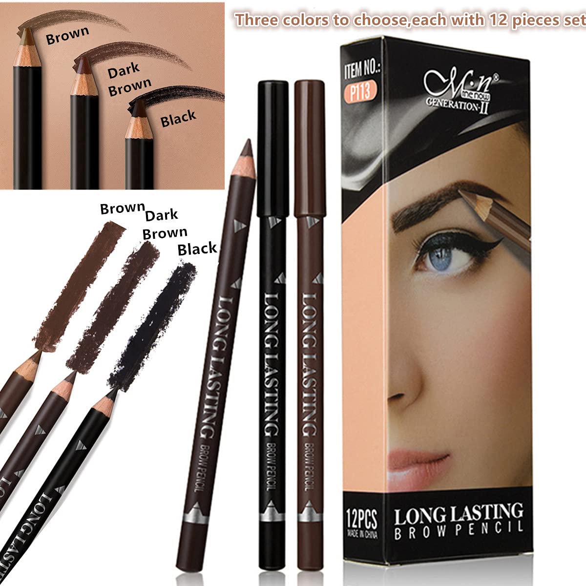 Go Ho 12 PCS Dark Brown Eyebrow Eyeliner Pencils,Sweatproof Eyebrow Pencil,Long-lasting Nice Color Eye Brow Gel Pen Makeup Brow Tint Sticks(Dark Brown)