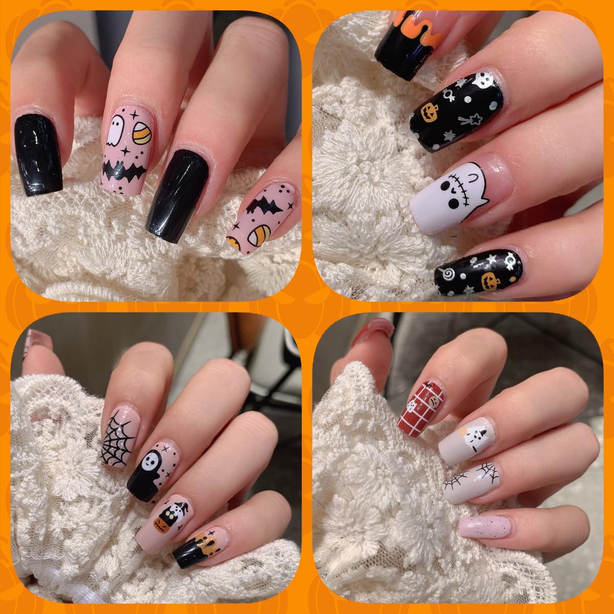 8 Sheets Halloween Nail Wraps Full Stickers Nail Polish Strips, DIY Self-Adhesive Nail Art Decals Pumpkin Bat Ghost Spider Web Skull Pattern with 1 Piece Nail Files for Party Decor (128 Pieces)