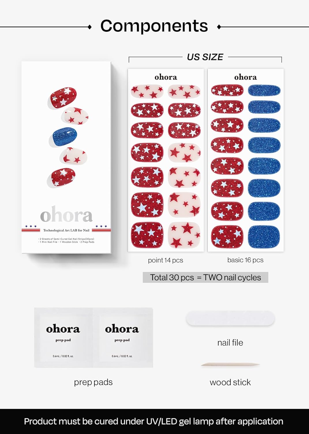 ohora Semi Cured Gel Nail Strips (N Liberated Stars) - Works with Any Lamps, Salon-Quality, Long Lasting, Easy to Apply & Remove - Includes 2 Prep Pads, Nail File & Wooden Stick