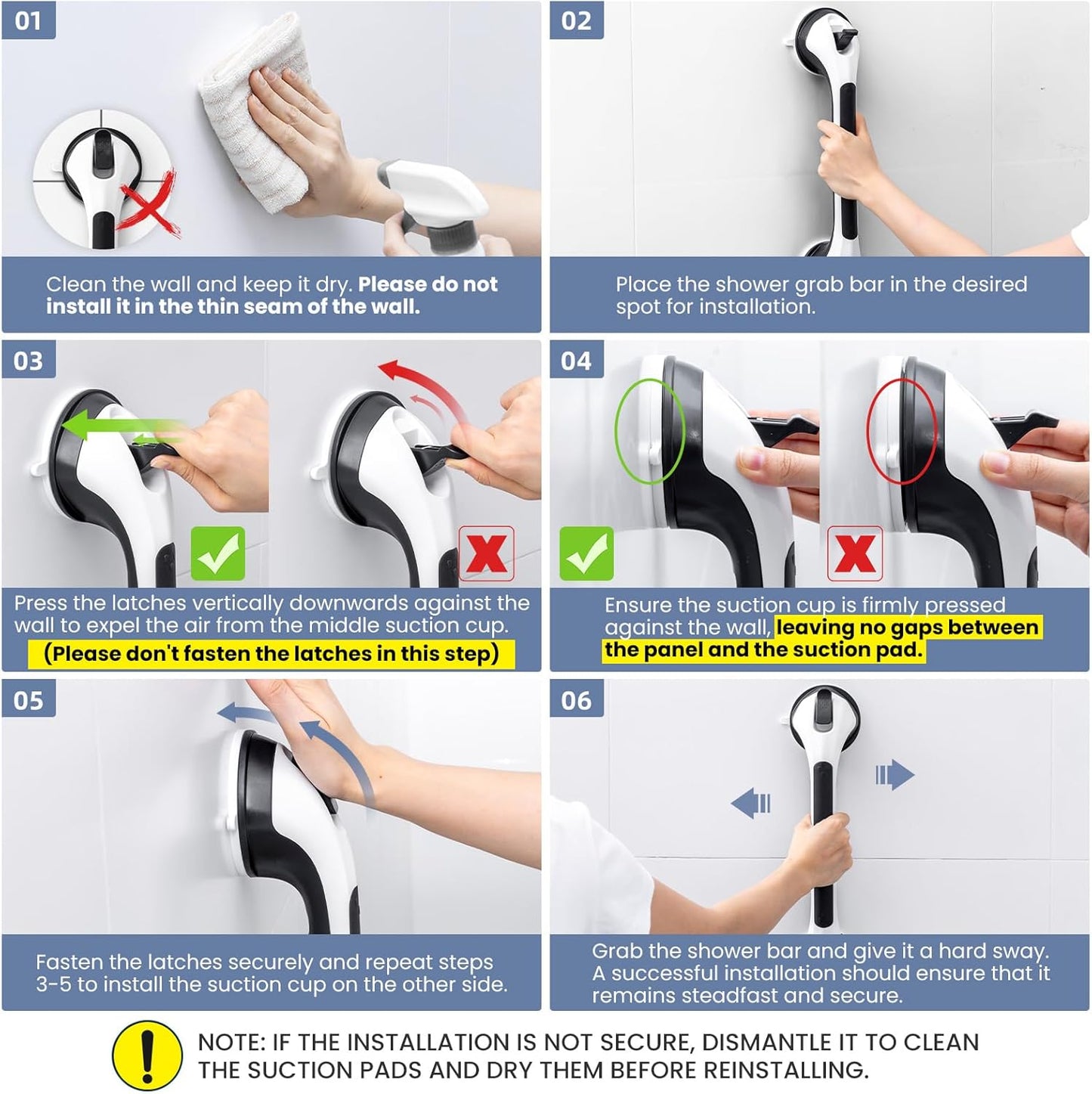 Grab Bars for Bathtubs and Showers 2 Pack Shower Handle, Heavy Duty Suction Grab Bar Bath Handrails for Seniors and Elderly, Bathroom Safety Grip No Drilling Waterproof Removable, Black