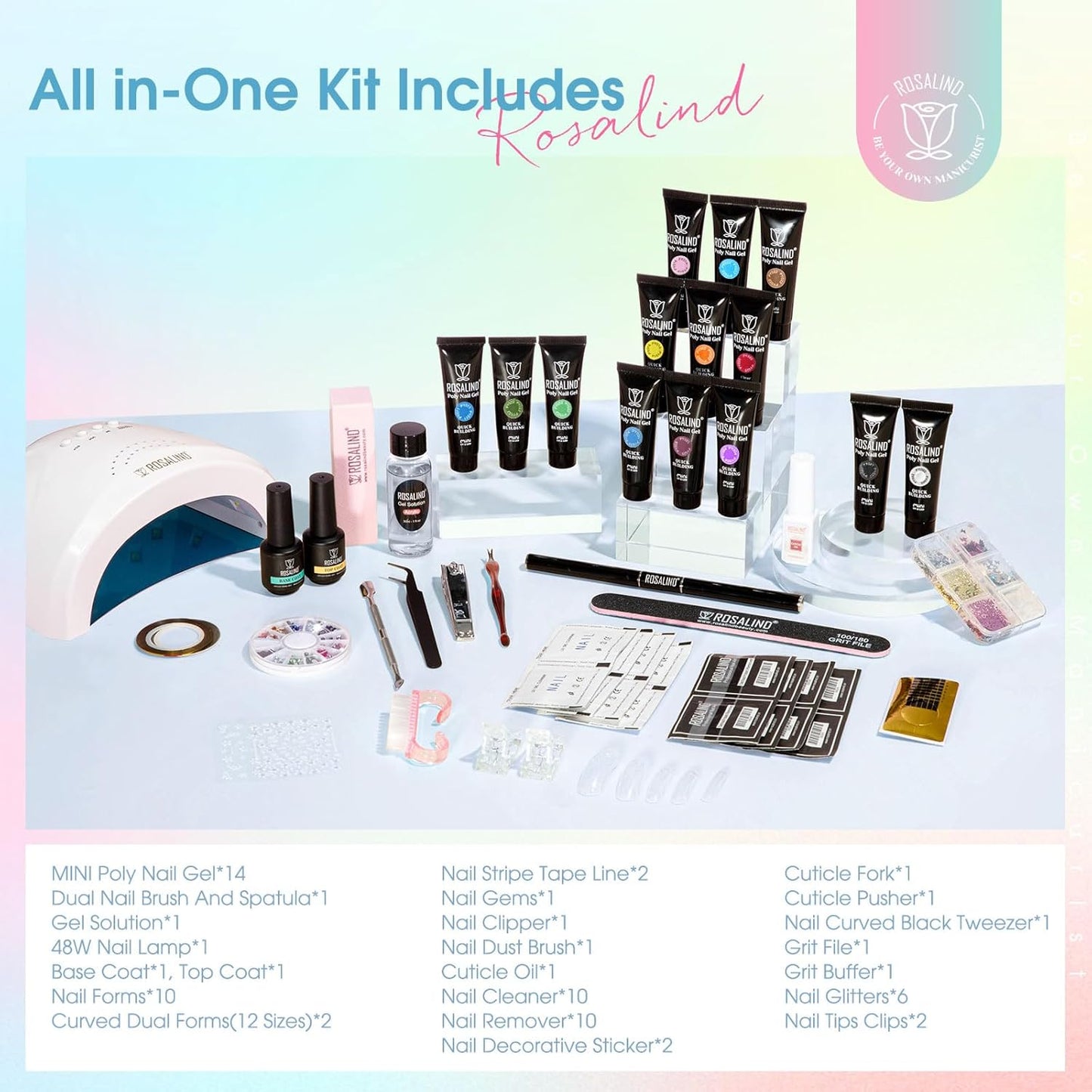 ROSALIND Colors Poly Nail Gel Kit, 14 ColorsPoly Nails Gel Starter Kits with Slip Solution 48W Nail Lamp Halloween All Seasons Classic Poly Extension Gels Nails Kit