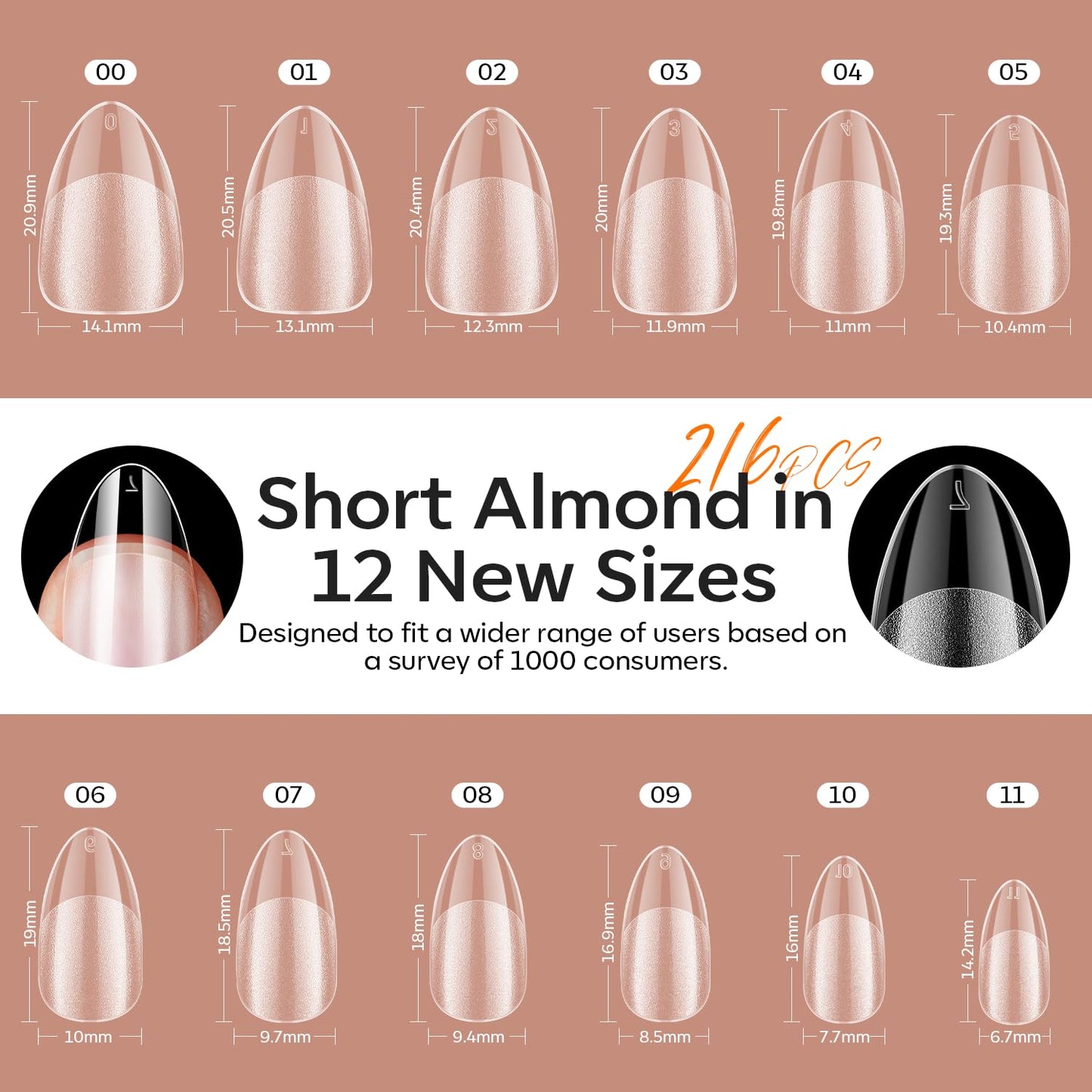 modelones Short Almond Gel Nail Tips Kit, 9-in-One Nail Glue with Portable U V Lamp 216Pcs 12Sizes Pre-Etched Press ons Fake Acrylic Extension Kit DIY Salon Gift for Women