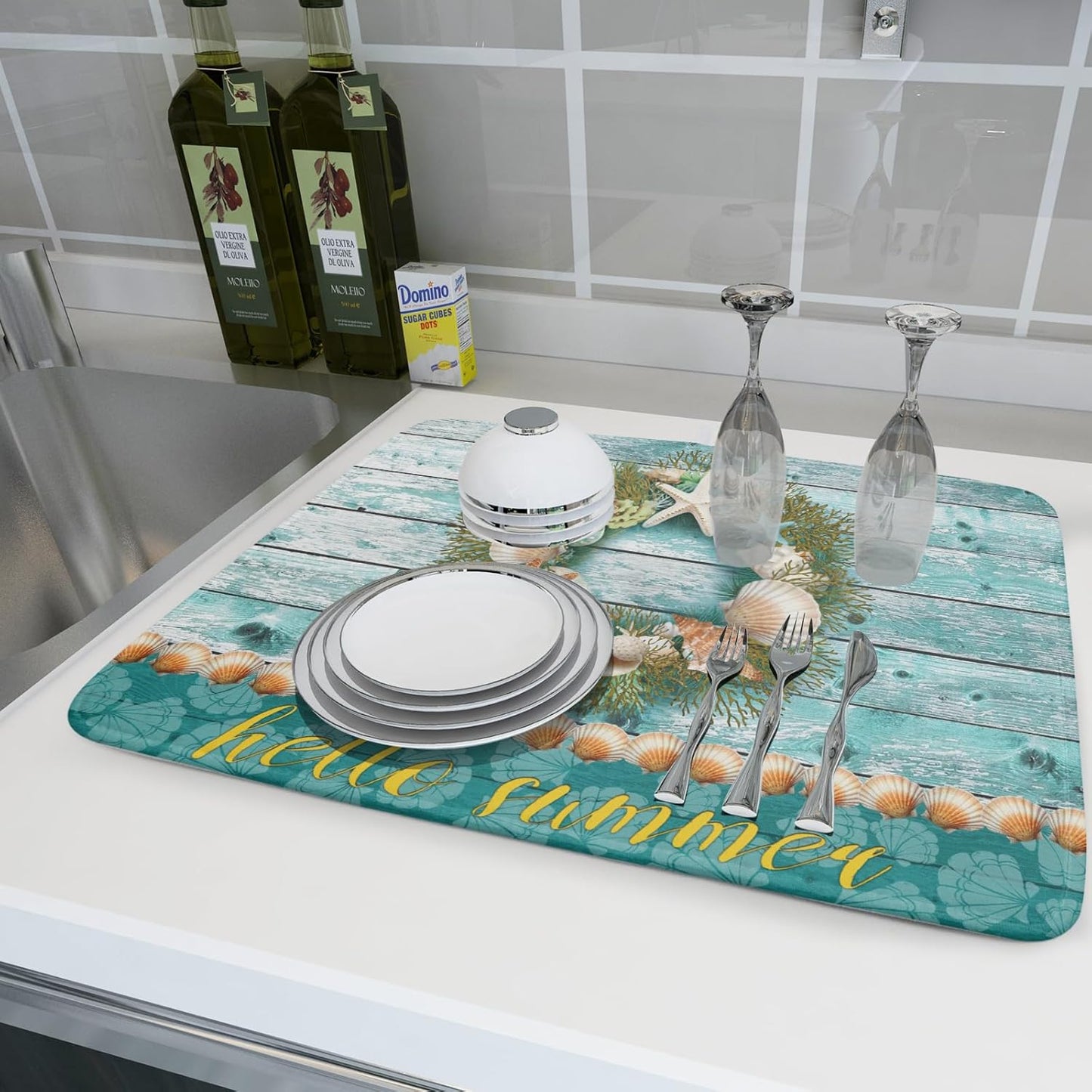 Coastal Wreath Dish Drying Mat 18x24 inch Starfish Shell Absorbent Microfiber Dish Rack Mats Drainer Pad Kitchen Countertop Accessories