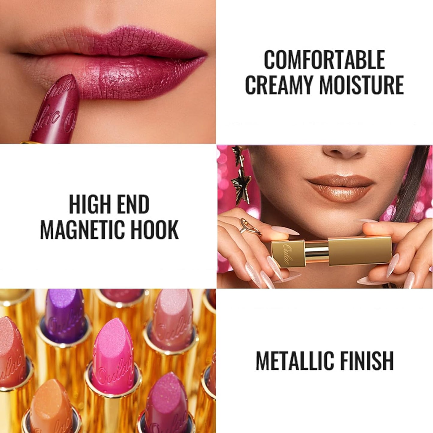 Oulac Metallic Lipstick Set 3PCS High Impact Lipcolor with Moisturizing Formula, Vegan Beauty, Full-Coverage Lip Color, Gift Lipstick for Women, 4.3g X 3PCS, 16+20+21