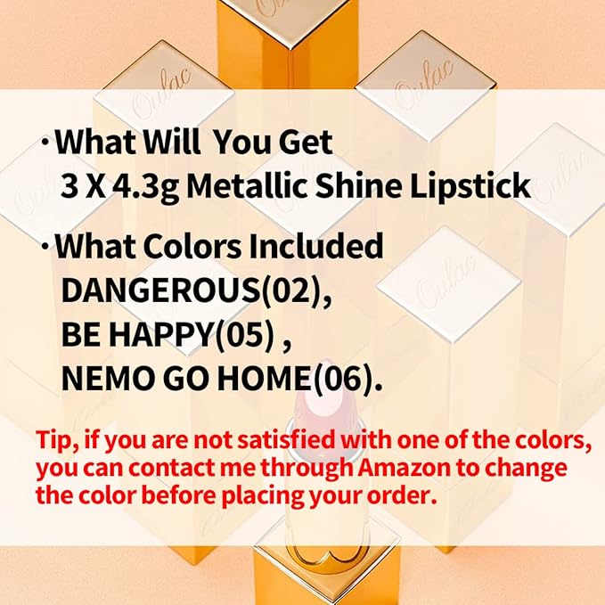 Oulac Metallic Orange Lipstick Set for Women High Payoff Lipcolor with Moisturizing Formula, Vegan Beauty, Full-Coverage Lip Color 4.3g X 3PCS, 02+05+06