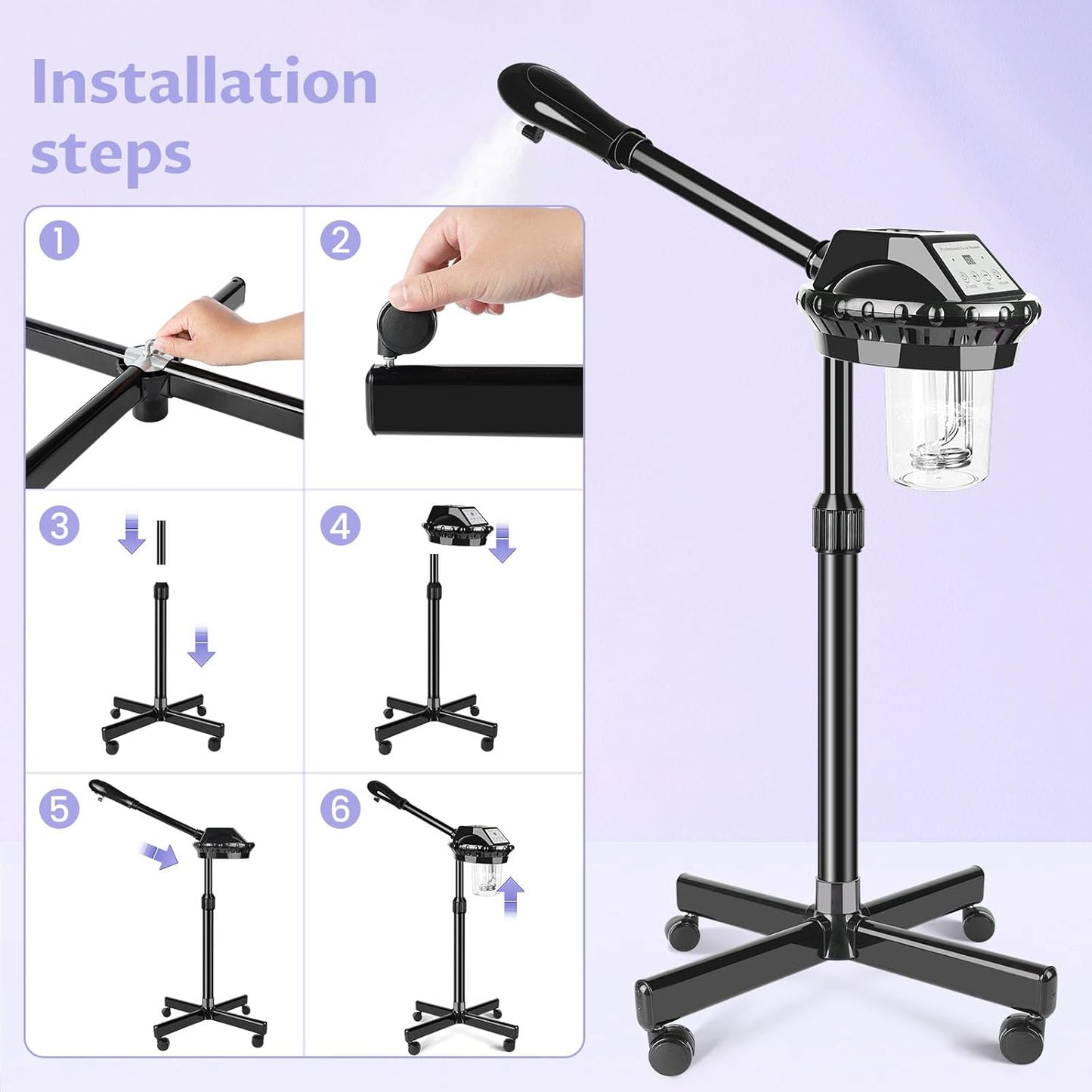 Professional Facial Steamer, Facial Steamer on Wheels, Face Steamer with Time Setting, Stand Face Steamer Adjustable Height for Spa, Salon and at Home use