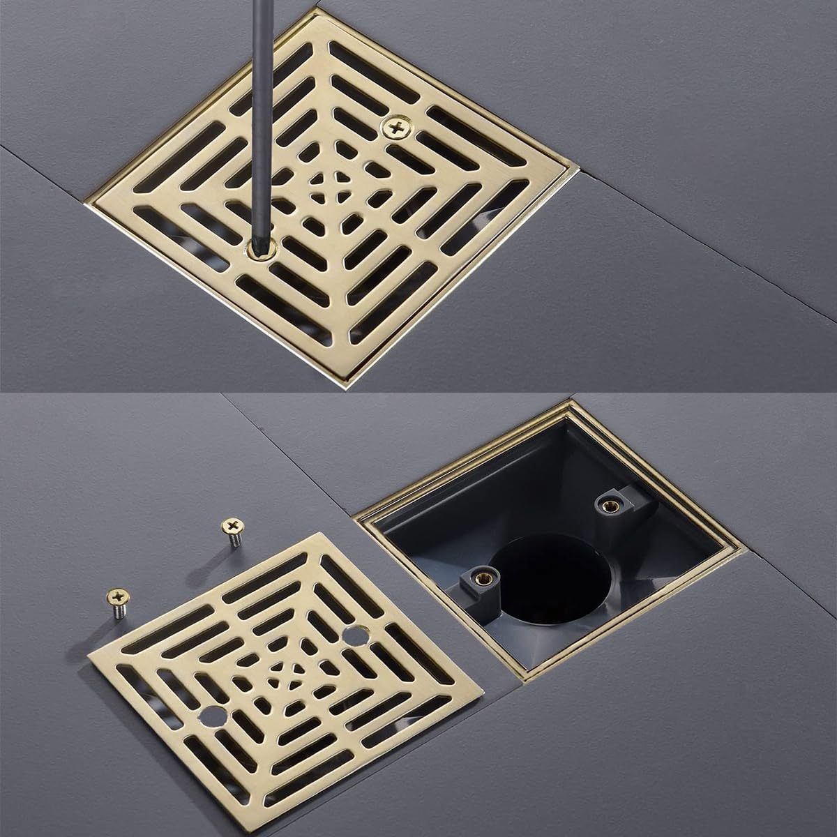 RANDOM Brushed Gold Shower Drain 4 inch Square Shower Drain with Adjustable PVC Base Flange,SUS304 Stainless Steel Shower Floor Drain with Removable Cover Grid Grate