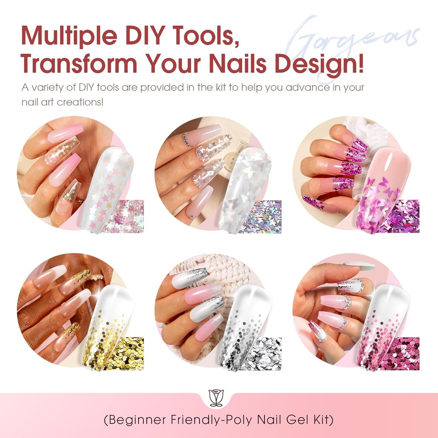 ROSALIND Poly Nail Gel Kit -20 Colors + 76 Nail Art Accessories kit Clear Nude Poly Nails Gel Starter Kit With Slip Solution Pro Nude Pink Nail Extensions with Mini UV Lamp