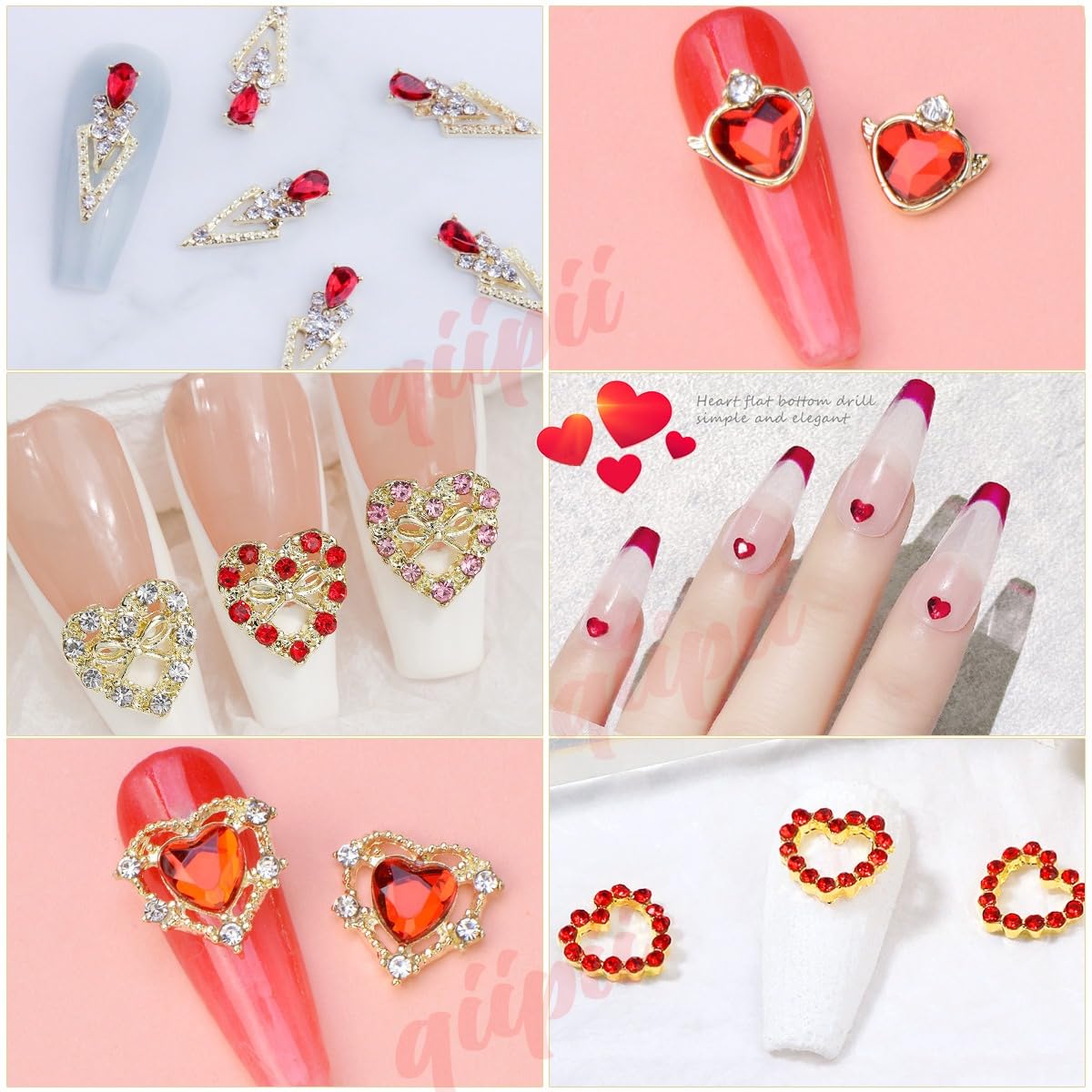 36pcs Red Heart Nail Charms Golden Luxury Alloy Valentine Charms for Nails 3D Red Nail Art Rhinestones Gems Gold Crystal Diamonds Jewelry Stones Studs Charms Supplies for Nails Face Eyes Makeup