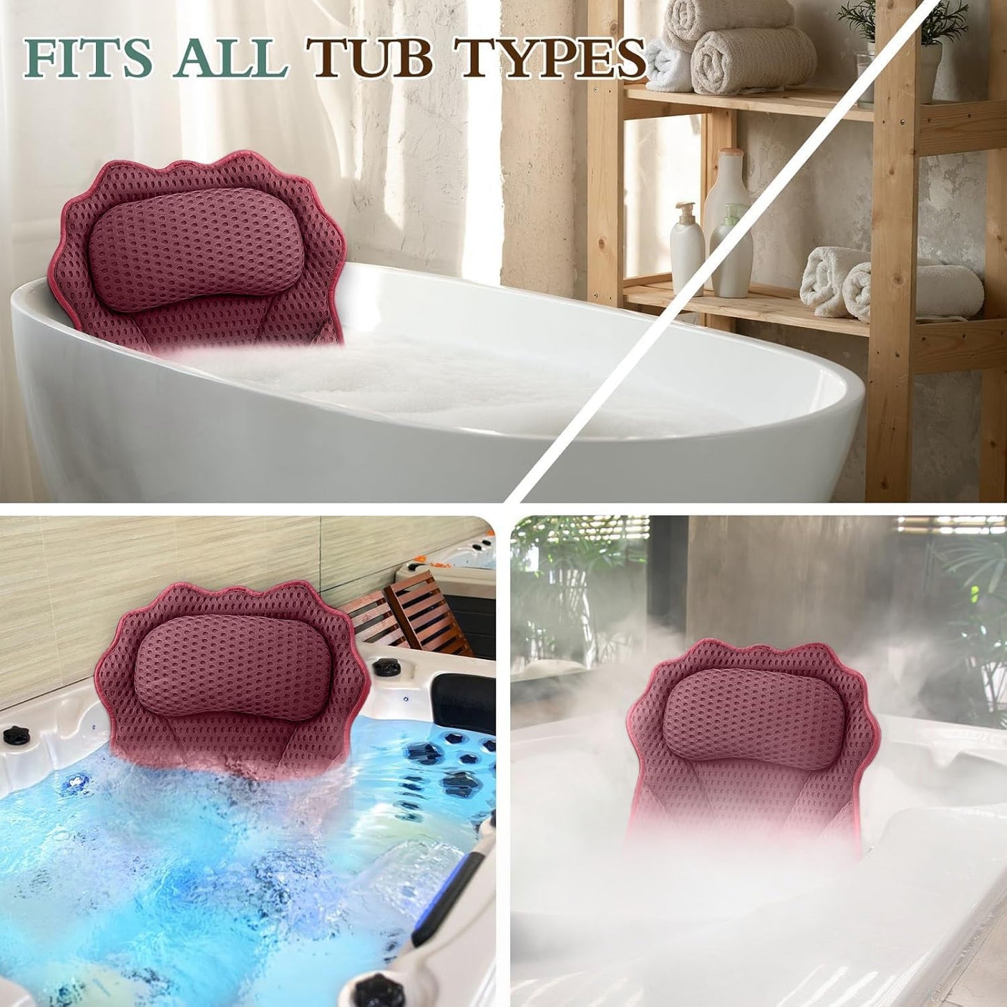 Bath Pillow RUVINCE Ergonomic Luxury Bathtub Pillow with Head,Neck, Shoulder and Back Support, 4D Bath Pillows for tub with 6 Powerful Suction Cups, Fits All Bathtub, Spa Tub, Hot Jacuzzi (Dark red)