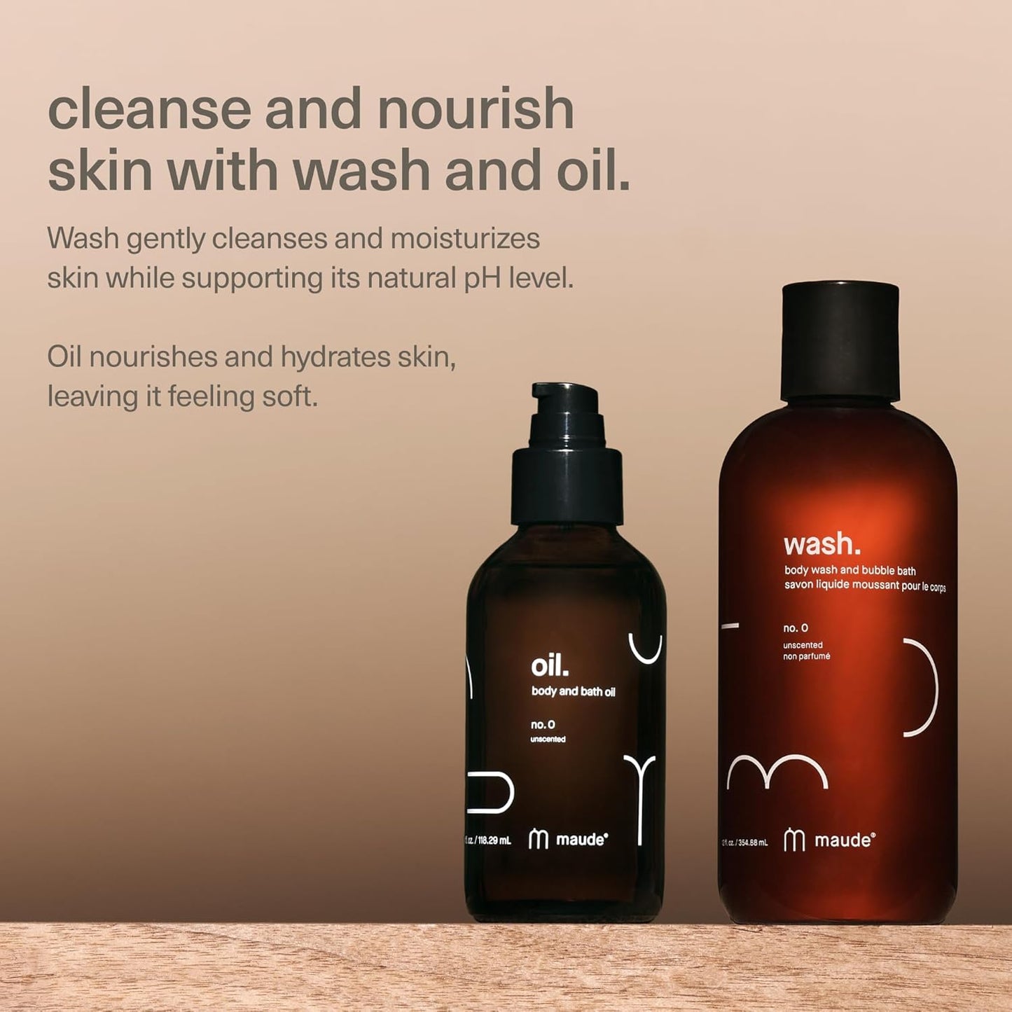 MAUDE Fragrance-Free Bathtime Bundle - pH Balanced Body Wash and Bubble Bath with Omega 3 and Vitamin B3 (12 oz) + Full Body Massage Oil Organic Blend of Jojoba, Coconut, Argan & Castor Oil (4 oz)