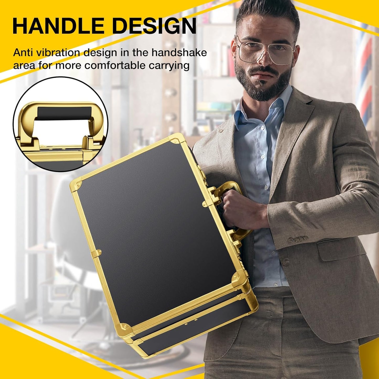 Noverlife Gold Password Lock Barber Carrying Case, 16x11x6in Large Salon Hair Cutting Tools Storage Box, Portable Hairdresser Travel Suitcase Grooming Scissor Organizer for Hairstylist Pet Groomer