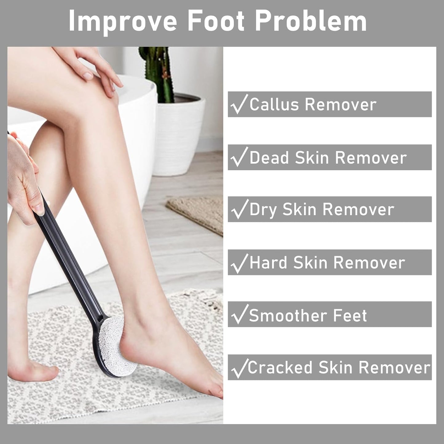 Pumice Stone for Feet with Long Handle 14", Hard Skin Callus Remover, Scrubber and Exfoliator for Dead Dry Skin, Softer & Smoother Feet, Pedicure Tool (Straight) Black