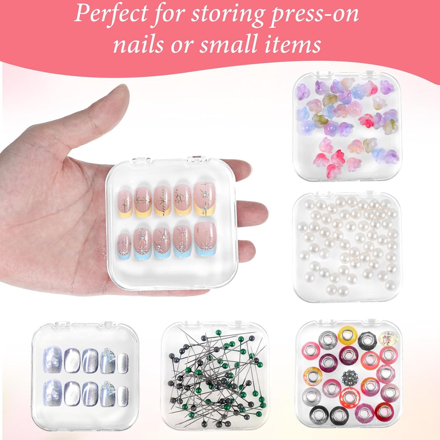 4 PCS 2.95" Nail Art Display Box, Press On Nail Storage Box Acrylic Nails Display Boxes Clear Empty Plastic Nails Tips Storage Boxes with 30 Pcs Adhesive Double Sided Tape for Art Salon (White)