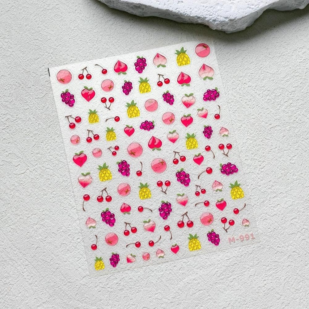 5D Embossed Fruit Nail Stickers Purple Grapes Nail Designs 3D Self-Adhesive Pineapple Lemon Nail Decals Summer Red Cherry Nail Art Decoration for Women Girls DIY Manicure 2 Sheets