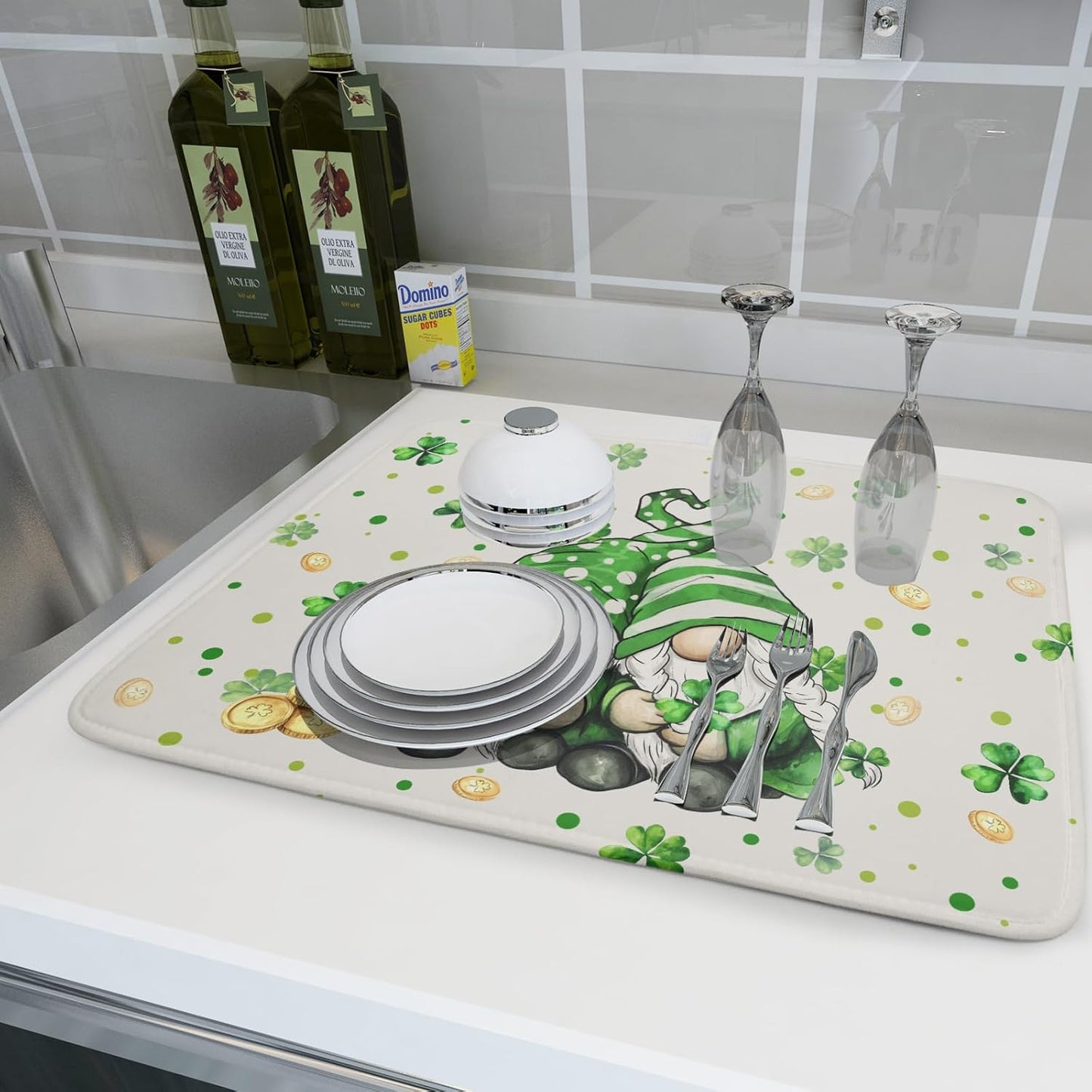St Patrick's Day Gnome Dish Drying Mat 18x24 inch Lucky Shamrock Absorbent Reversible Dishes Drainer Rack Mat for Coffee Bar Kitchen Decor