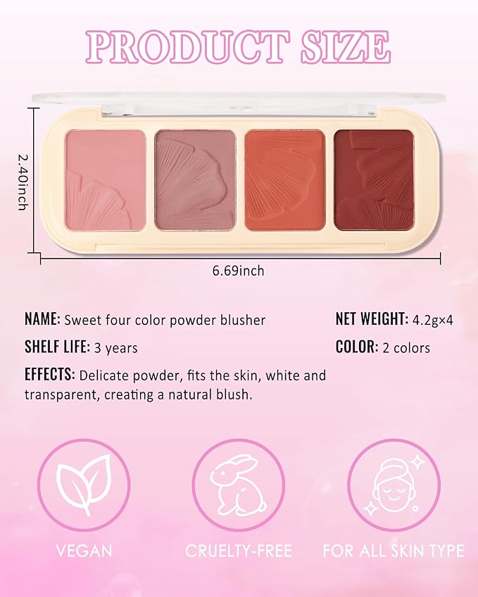 Matte Face Blush Palette Kit with Brush-4 Colors Pink Purple Orange Silky Mineral Blendable Blusher Contour Powder for Cheeks,Longlasting Professional Facial Beauty Makeup Gift for Women Girl-Set 02