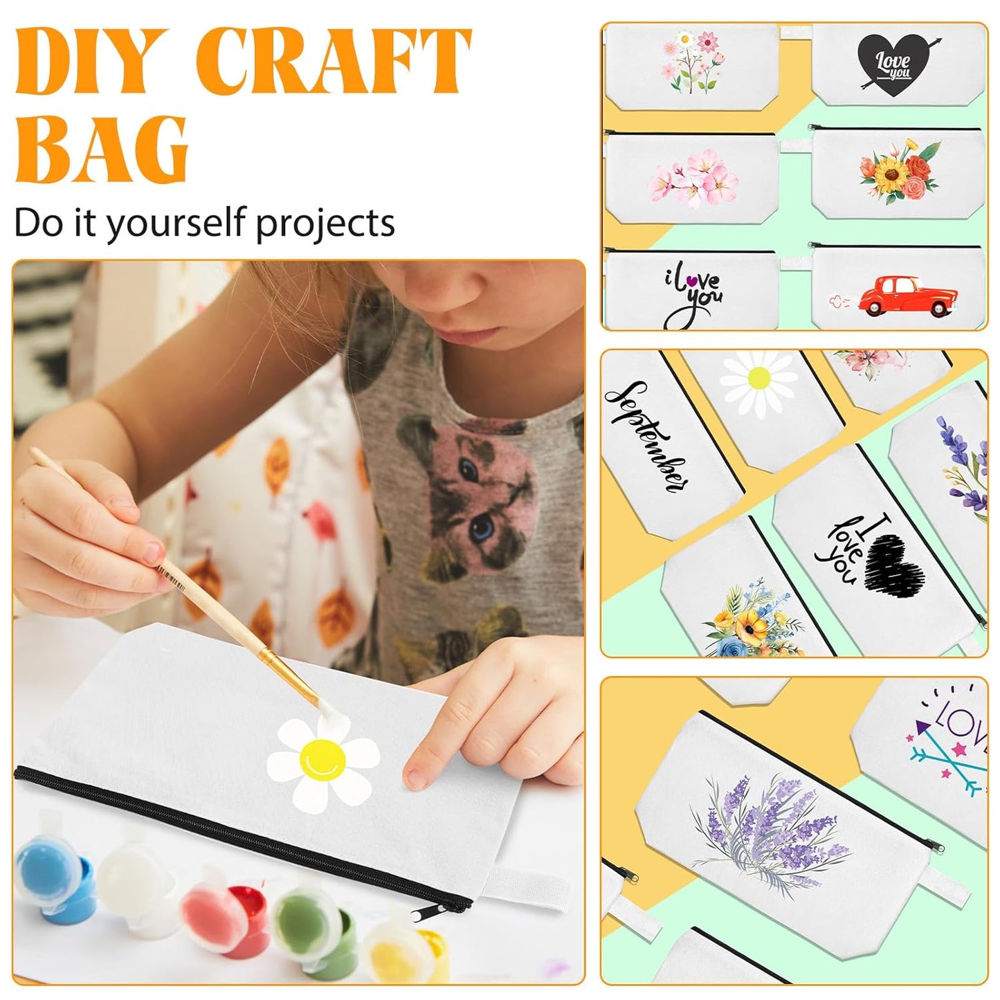 Saintrygo 30 Pcs Makeup Bag Travel Canvas Cosmetic Bag Bulk Multipurpose Small Makeup Pouch for Purse Portable Blank Zipper Toiletry Organizer DIY for Women Assorted Color(White,9.8 x 5 x 2 Inch)