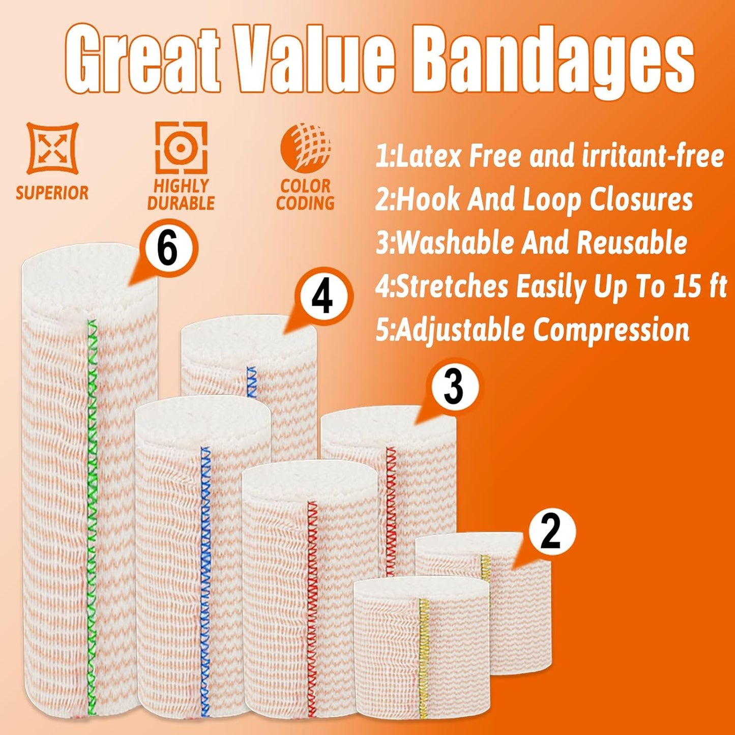 Premium Elastic Bandage Wrap 2 inch 10 Pack Reusable Versatile Self-Closing Compression Bandage Wraps for Ankles, Wrists Knee, Tummy and Body Cotton Lymphedema Wraps for Legs Latex-Free