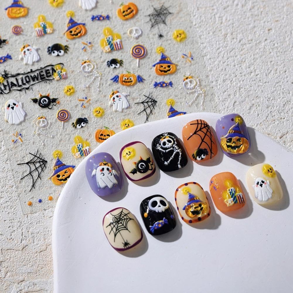 Halloween Nail Stickers Ghost Pumpkin Nail Art Decals Cat Nail Art Stickers with Design 5D Embossed Self Adhesive Cute Nails Charms Supply for Women Girls Kid Manicure Decoration